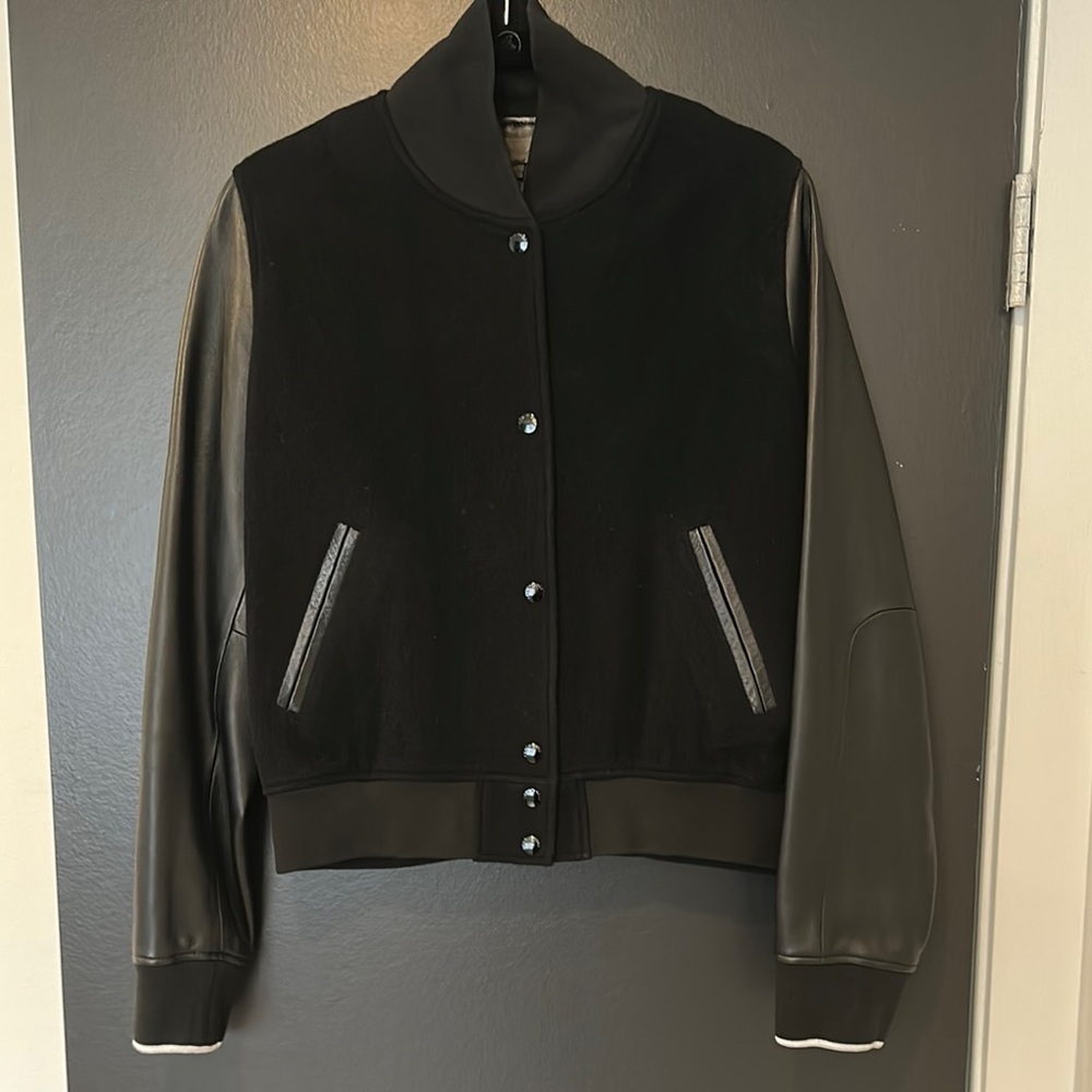 Rag & Bone Jean Black Varsity Jacket with Leather Sleeves